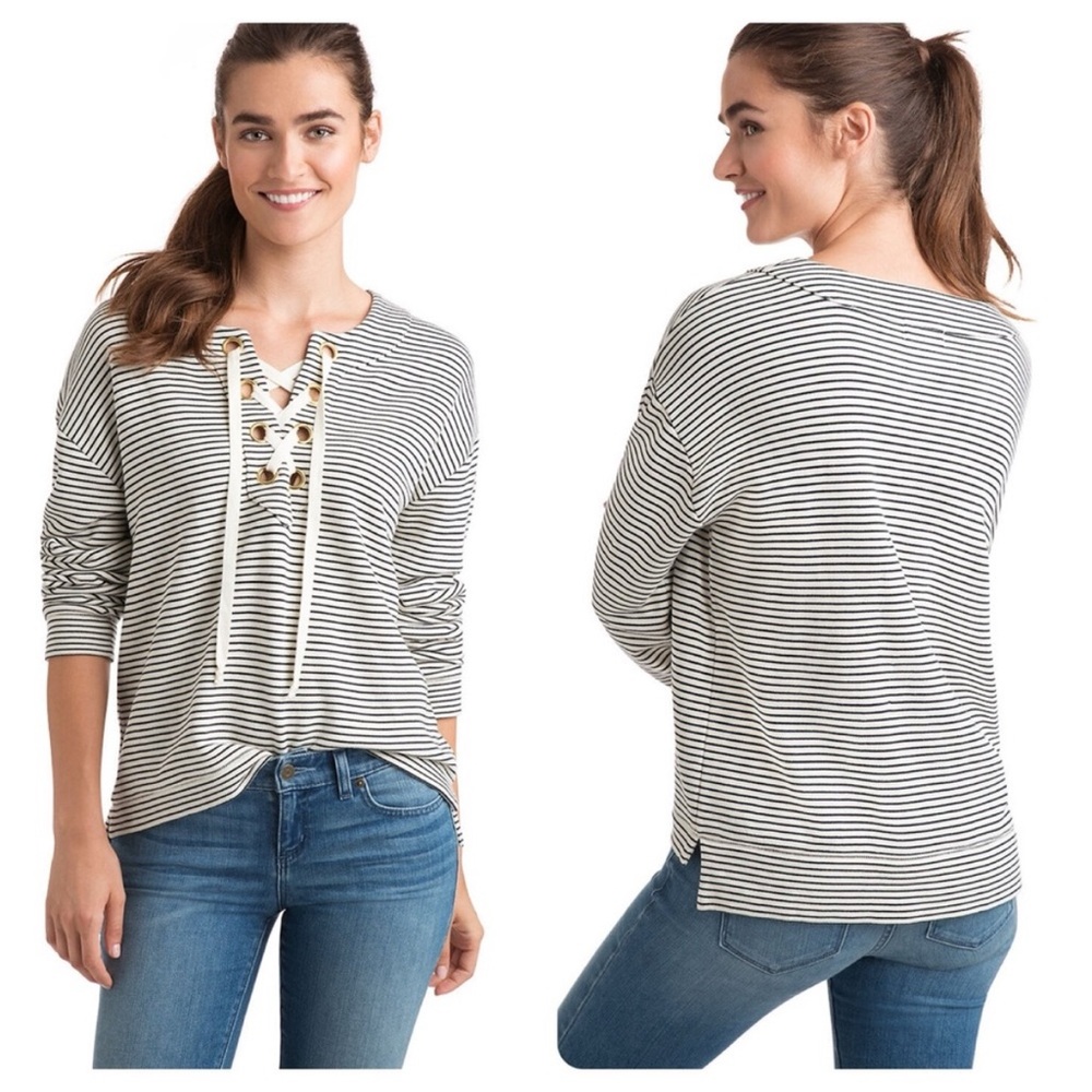 Vineyard Vines Black & White Striped Bateau Lace Up Pullover Sweater